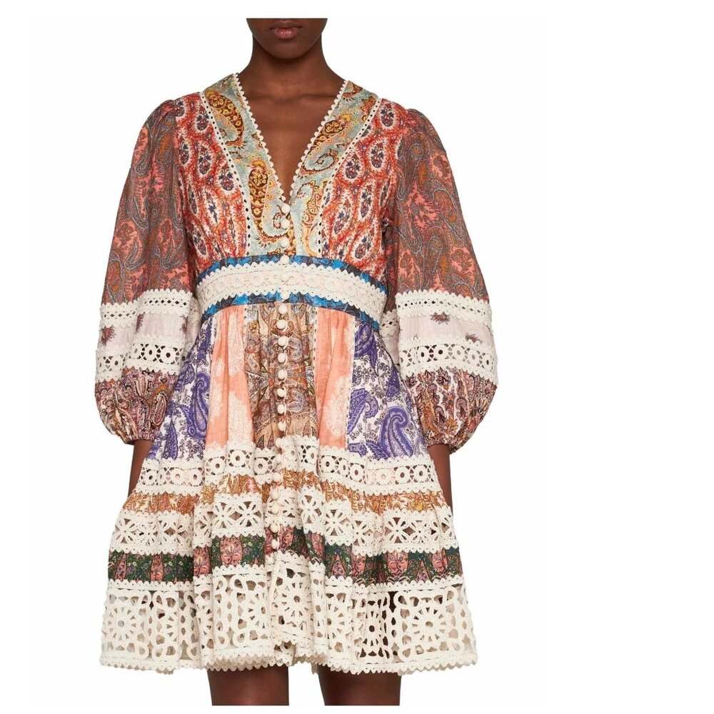 Devi Spliced Billow linen minidress Boho  Spliced Paisley linen